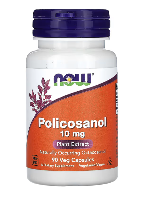 NOW Foods Policosanol 10 mg 90 Veg Capsules bottle front label cardiovascular support supplement