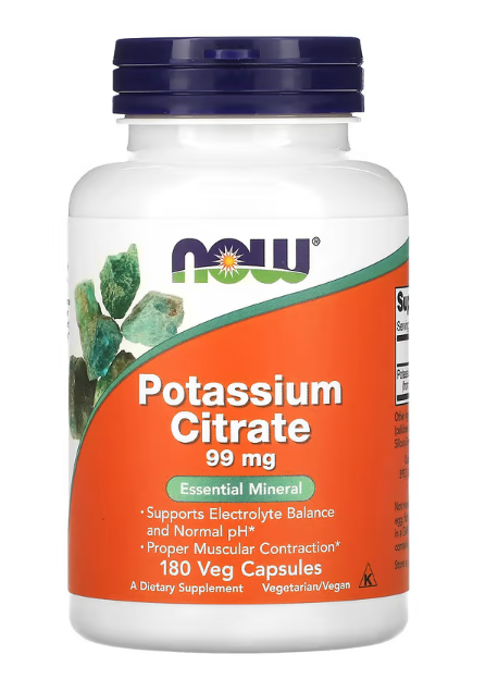 NOW Foods Potassium Citrate 99 mg 180 veg capsules electrolyte mineral supplement front label