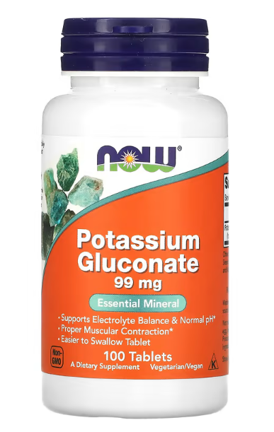 NOW Foods Potassium Gluconate 99 mg 100 tablets bottle front label