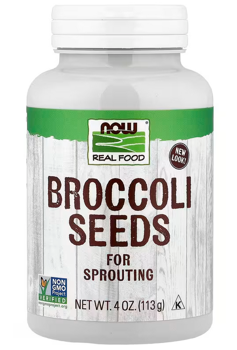 NOW Foods Real Food broccoli seeds for sprouting 4 oz container front label
