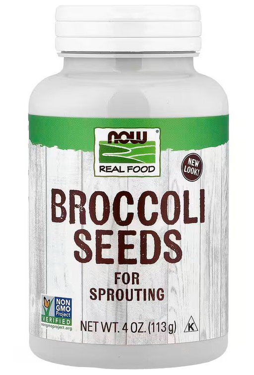 NOW Foods Real Food broccoli seeds for sprouting 4 oz container front label