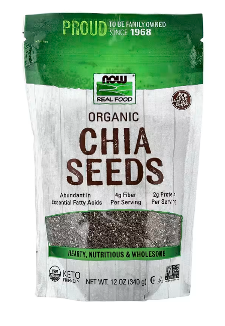 NOW Foods Real Food Organic Chia Seeds 12 oz (340 g) resealable bag front label.