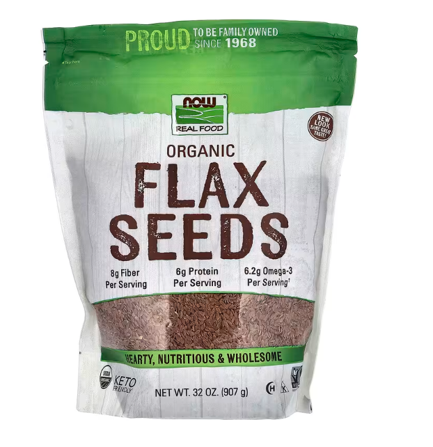  NOW Foods Real Food Organic Flax Seeds 32 oz resealable bag front label USDA Organic and Non-GMO Project Verified