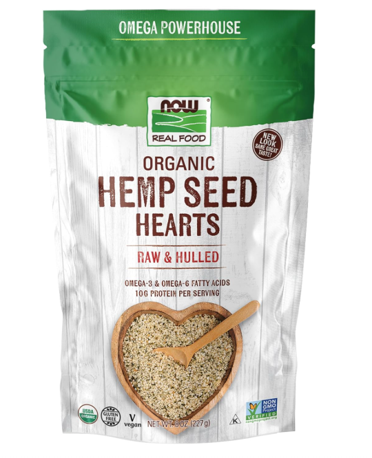  NOW Foods Real Food Organic Hemp Seed Hearts resealable bag front label USDA Organic