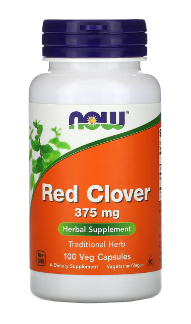 NOW Foods Red Clover 375 mg 100 Veg Capsules herbal supplement bottle front label
