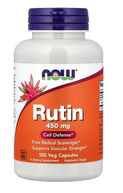 NOW Foods Rutin 450 mg 100 Veg Capsules bottle front label featuring Sophora japonica extract and Cell Defense support 