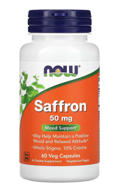 NOW Foods Saffron 50 mg 60 Veg Capsules bottle front label for mood support made from Crocus sativus whole stigma