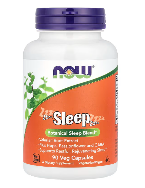 NOW Foods Sleep supplement 90 veg capsules calming nighttime formula bottle front label