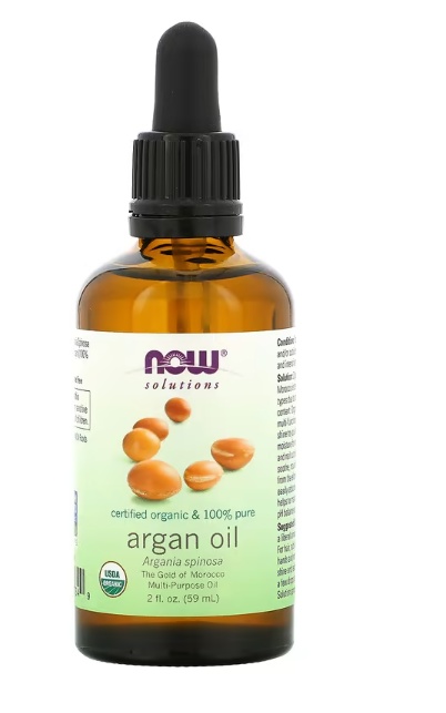  NOW Foods Solutions Certified Organic 100% Pure Argan Oil dropper bottle front label 2 fl oz.