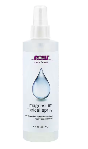NOW Foods Solutions Magnesium Topical Spray 8 fl oz bottle front label magnesium oil spray for muscle relaxation and skin application.