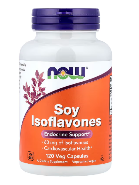 NOW Foods Soy Isoflavones 60 mg 120 Veg Capsules bottle front label for endocrine and hormonal support