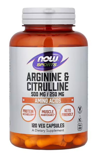 NOW Sports Arginine & Citrulline 500 mg / 250 mg, 120 Veg Capsules amino acid supplement for nitric oxide support