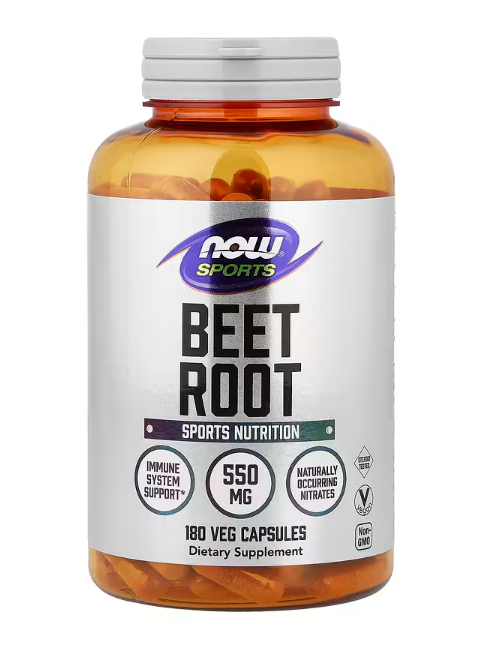 NOW Sports Beet Root 550 mg supplement bottle 180 veg capsules nitric oxide and endurance support