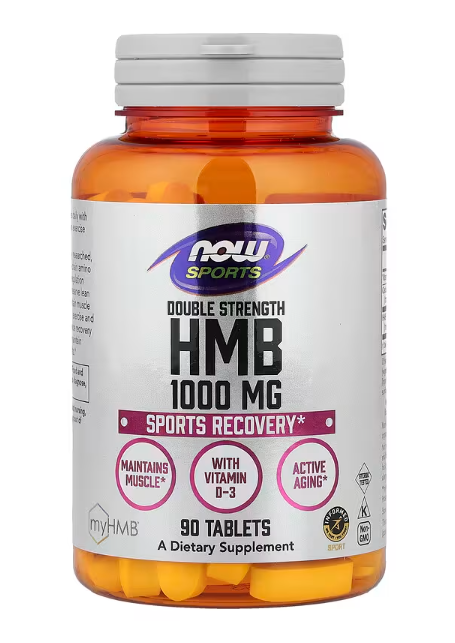 NOW Sports HMB 1000 mg with Vitamin D-3 sports recovery supplement bottle 90 tablets muscle support