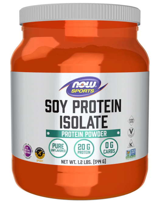NOW Sports Soy Protein Isolate unflavored plant protein powder container front label 1.2LBS