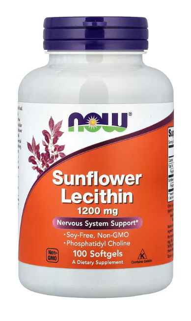 NOW Foods Sunflower Lecithin 1200 mg softgels non-GMO phosphatidyl choline supplement front label 100 Softgels