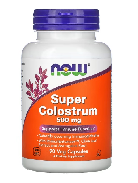 NOW Foods Super Colostrum 500 mg 90 Veg Capsules bottle front label for immune and gastrointestinal support