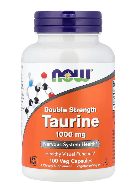 NOW Foods Taurine 1000 mg front bottle double strength amino acid 100 veg capsules