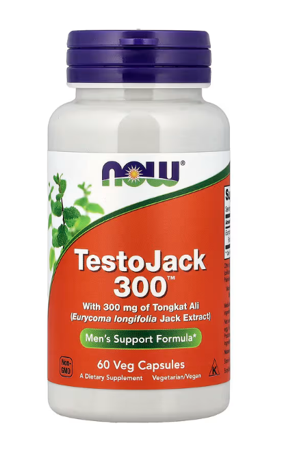 NOW Foods TestoJack 300 male vitality supplement with LJ100 Tongkat Ali extract 300 mg bottle 60 veg capsules