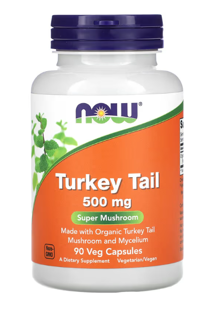 NOW Foods Turkey Tail 500 mg 90 Veg Capsules bottle front label super mushroom supplement for immune support