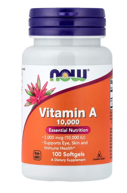 NOW Foods Vitamin A 10,000 IU 3,000 mcg softgels bottle front label immune and eye health supplement.