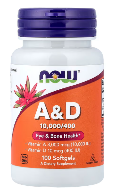 NOW Foods Vitamin A & D 10,000/400 IU softgels bottle front label eye and immune support supplement.