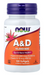 NOW Foods Vitamin A & D 10,000/400 IU softgels bottle front label eye and immune support supplement.