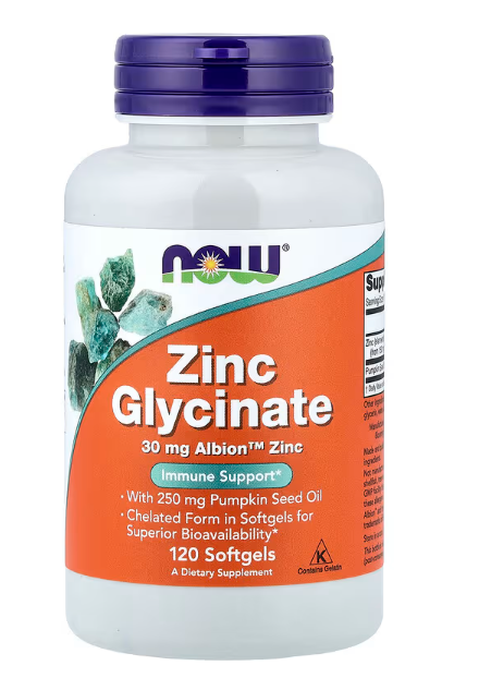NOW Foods Zinc Glycinate 120 softgels with 250 mg pumpkin seed oil supporting prostate and immune health.