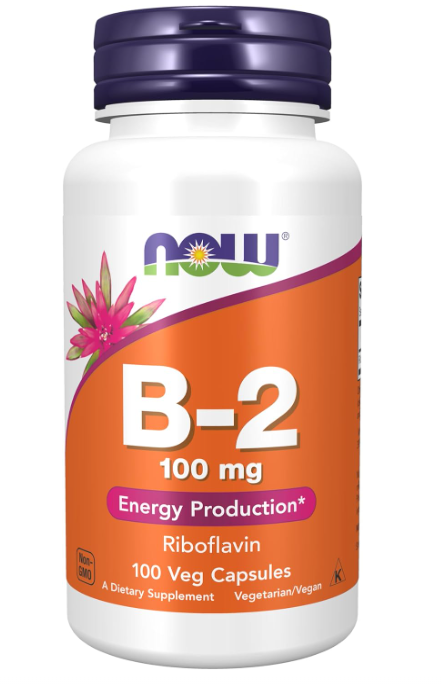 NOW Supplements Vitamin B-2 Riboflavin 100 mg 100 Veg Capsules bottle front label energy production support