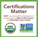 NOW Foods certifications graphic highlighting USDA Organic and Non-GMO Project Verified standards.
