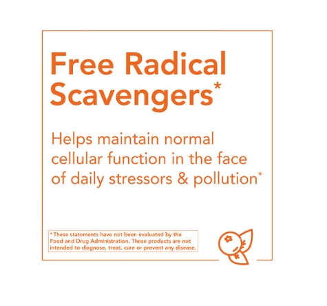 NOW Foods free radical scavengers graphic explaining antioxidant support for normal cellular function and protection from daily stressors.