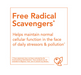 NOW Foods free radical scavengers graphic explaining antioxidant support for normal cellular function and protection from daily stressors.