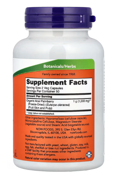 NOW Foods Acai 500 mg supplement facts label showing freeze-dried acai berry powder per serving with naturally occurring polyphenols