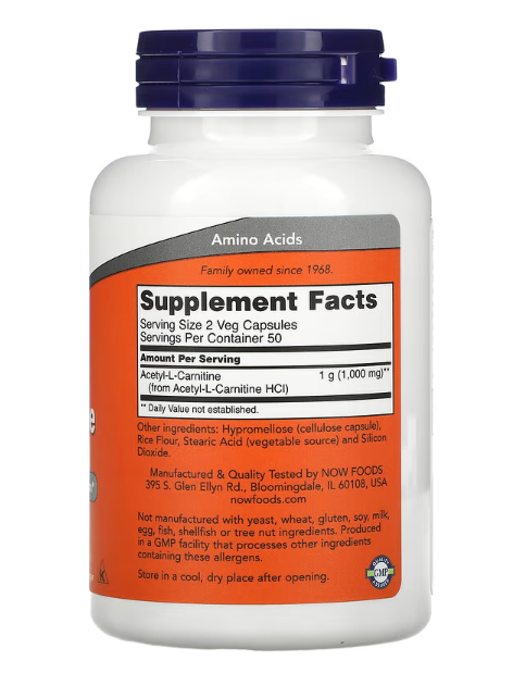 NOW Foods Acetyl-L-Carnitine 500 mg vegetarian capsules dietary supplement 