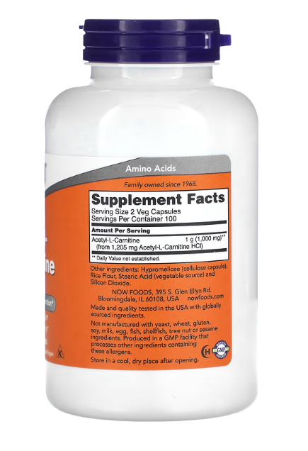 NOW Foods Acetyl-L-Carnitine 500 mg vegetarian capsules dietary supplement bottle 200 Veg Capsules
