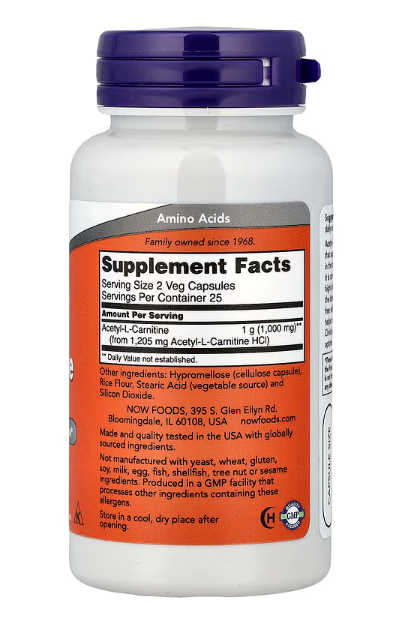 NOW Foods Acetyl-L-Carnitine 500 mg supplement bottle back label with supplement facts