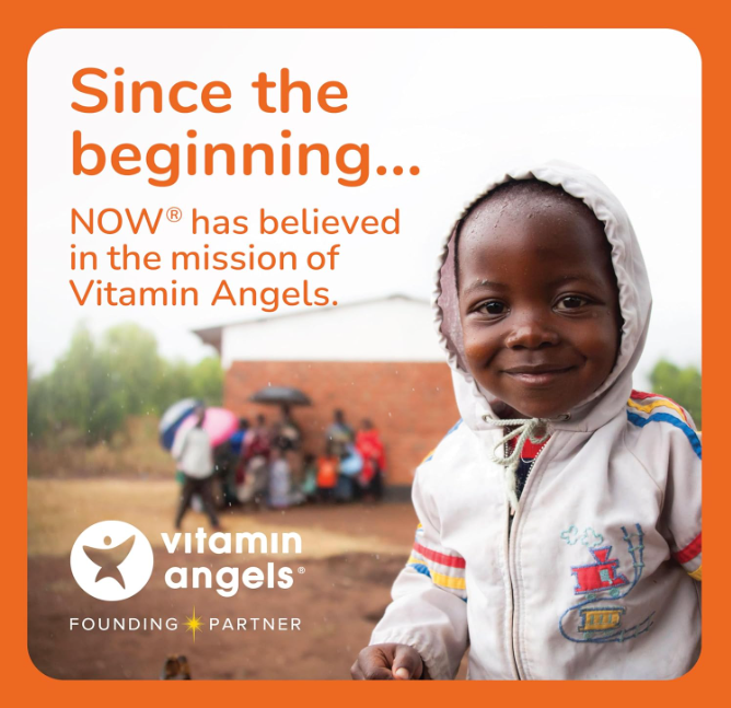 NOW Foods Acid Relief with Enzymes Vitamin Angels partnership graphic highlighting NOW charitable giving initiative