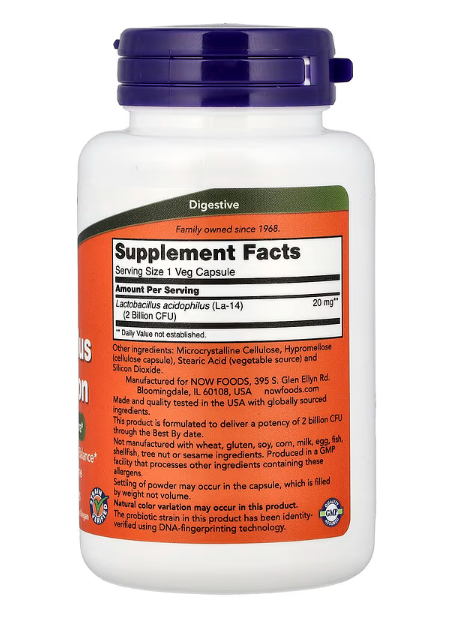 NOW Foods Acidophilus 2 Billion CFU probiotic supplement facts label bottle 100 veg capsules