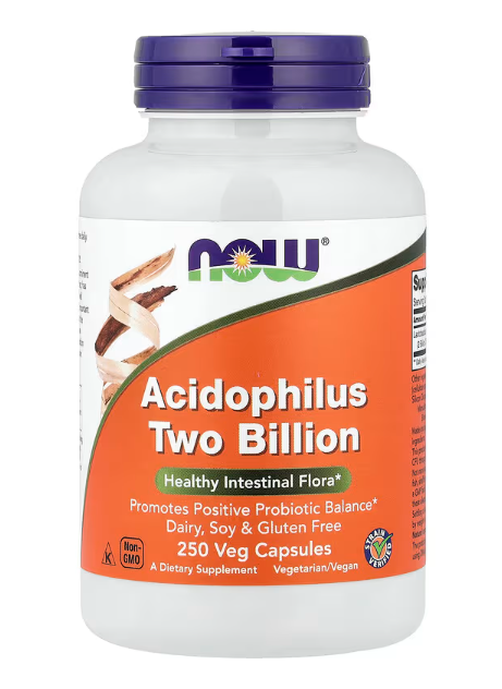 NOW Foods Acidophilus Two Billion probiotic supplement healthy intestinal flora bottle 250 veg capsules