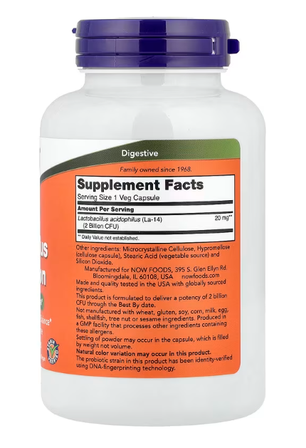 NOW Foods Acidophilus Two Billion probiotic supplement facts label bottle 250 veg capsules