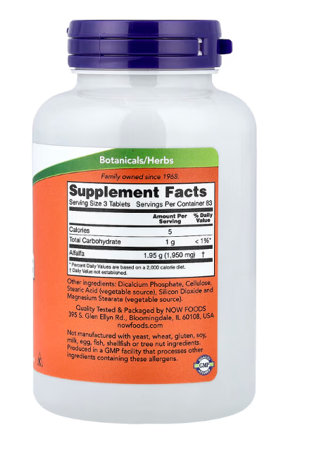 NOW Foods Alfalfa 650 mg 250 tablets supplement facts panel showing serving size and ingredient details.