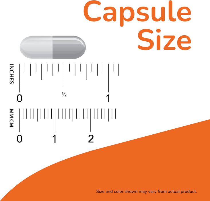 NOW Foods Apple Cider Vinegar 450 mg capsule size comparison chart showing veg capsule length next to measurement scale