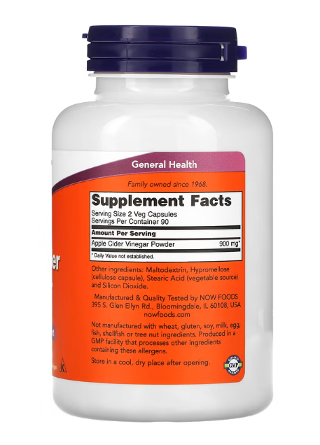 NOW Foods Apple Cider Vinegar 450 mg supplement facts label showing apple cider vinegar powder per serving