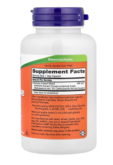 NOW Foods Artichoke Extract 450 mg 90 Veg Capsules herbal digestive support supplement bottle front label