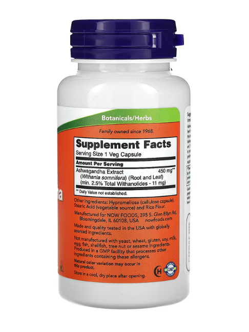NOW Foods Ashwagandha 450 mg supplement facts label showing standardized herbal extract