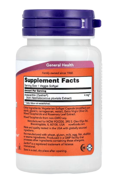 NOW Foods Astaxanthin 4 mg 60 veggie softgels supplement facts panel showing serving size and ingredient details.