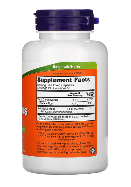 NOW Foods Astragalus 500 mg veg capsules supplement facts label
