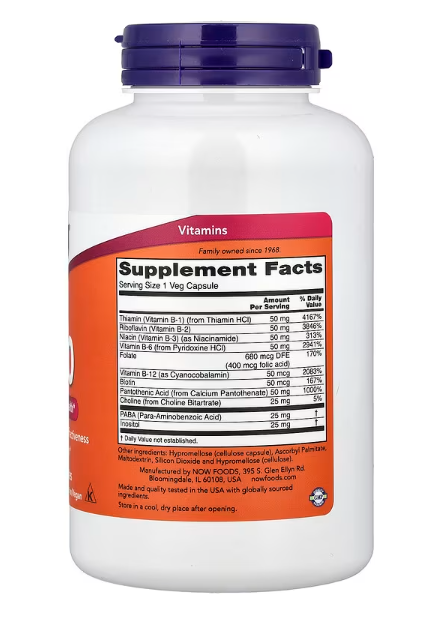 NOW Foods B 50 Complex supplement facts label vitamin B complex capsules 250 Veg Capsules