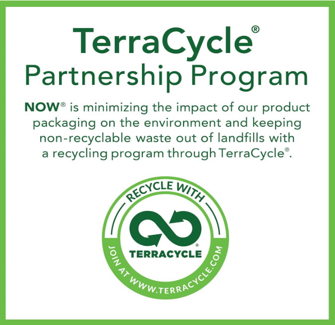 NOW Foods Beef Gelatin Powder TerraCycle partnership graphic highlighting sustainable packaging recycling program