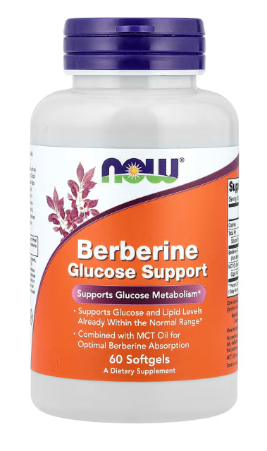 NOW Foods Berberine Glucose Support 60 Softgels bottle front label with MCT oil for enhanced absorption